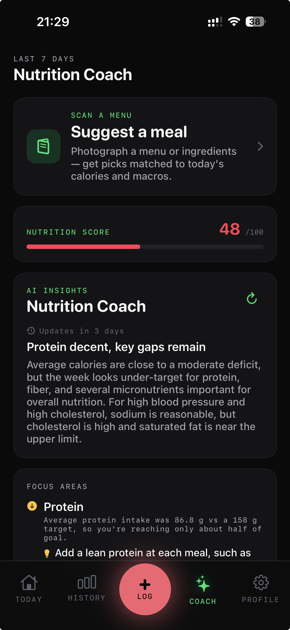 AI Nutrition Coach with a weekly nutrition score and focus areas