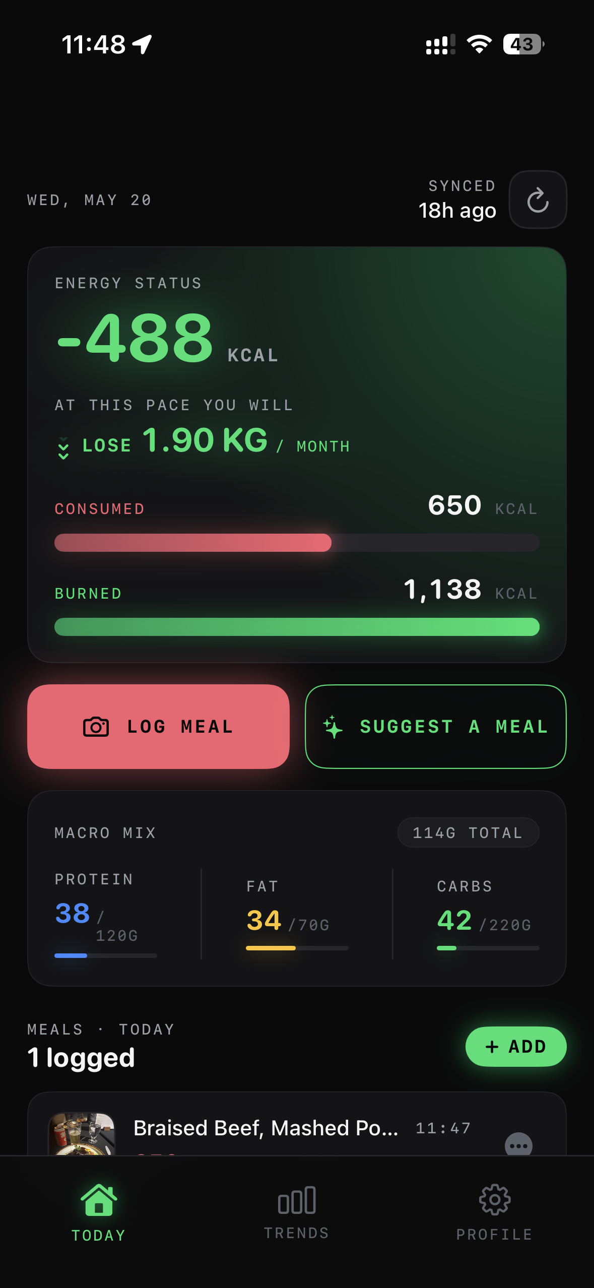 JustCalories today screen showing -488 kcal energy balance and macro mix