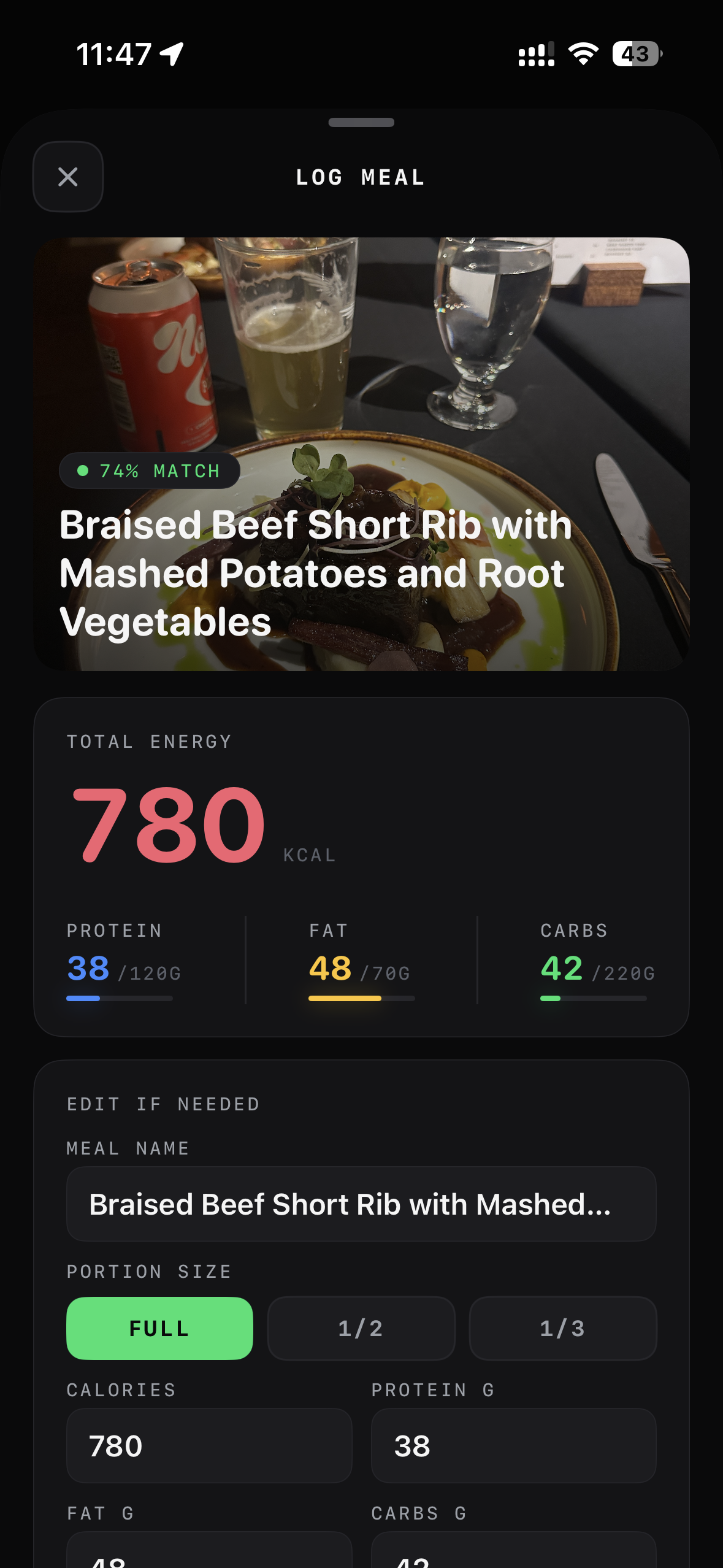 Logging a meal with portion picker and AI-estimated macros