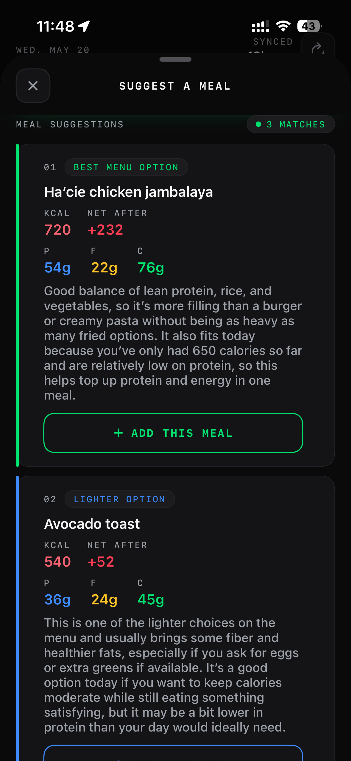 AI meal suggestions tailored to your daily calorie balance